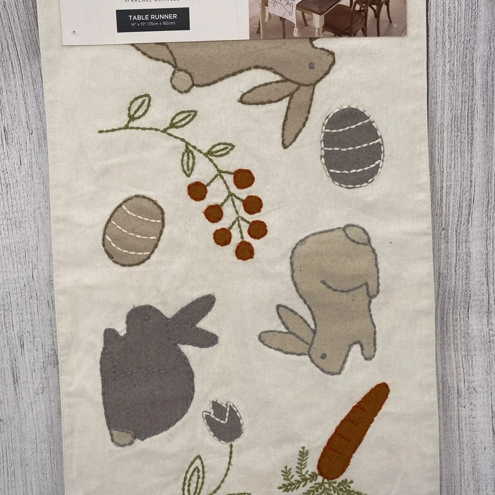 Rachel Ashwell Farmhouse Table Runner 14x72 Easter Bunny Spring Embroidered